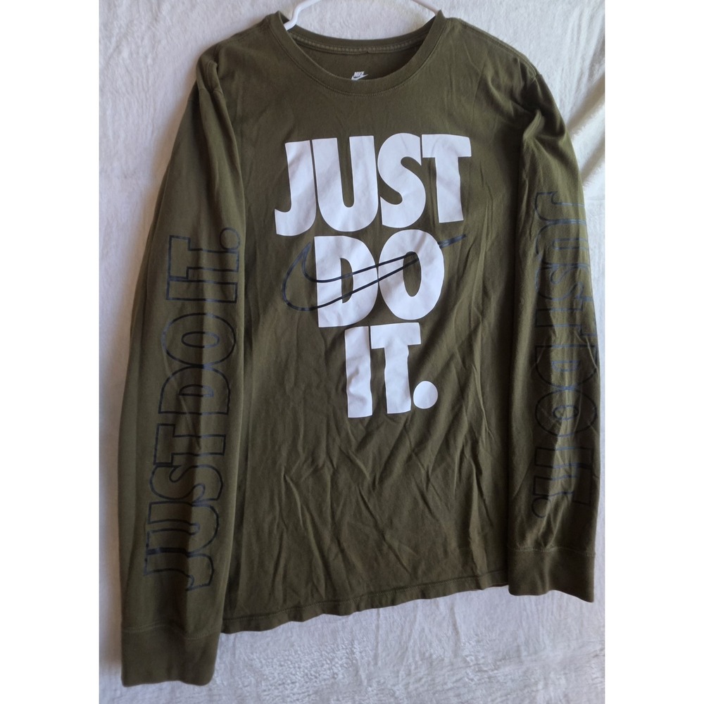 Nike Just Do It Long Sleeve T-Shirt Men's Large Olive Green Athletic Graphic Tee